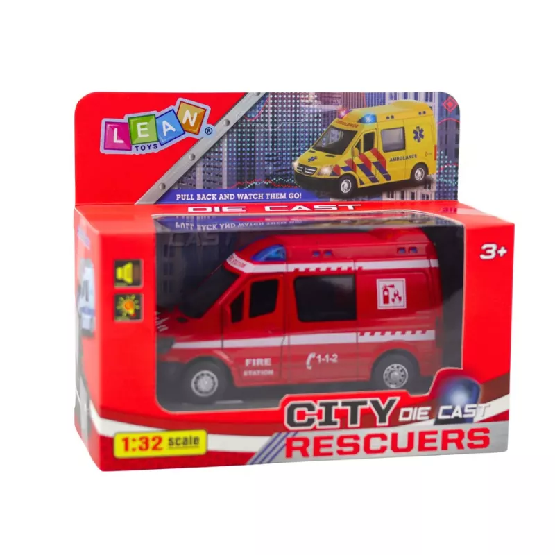 LEAN TOYS Coche de bomberos de metal con retroceso, motor, luces y sonidos rojo 1:32