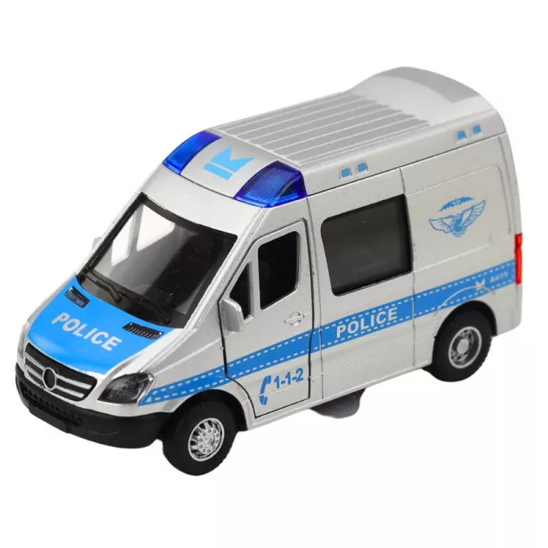 LEAN TOYS Coche de policía de metal con retroceso, luz y sonido 1:32