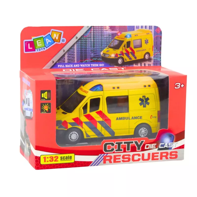 LEAN TOYS Ambulancia de metal con retroceso motorizado, luces y sonidos amarillo 1:32