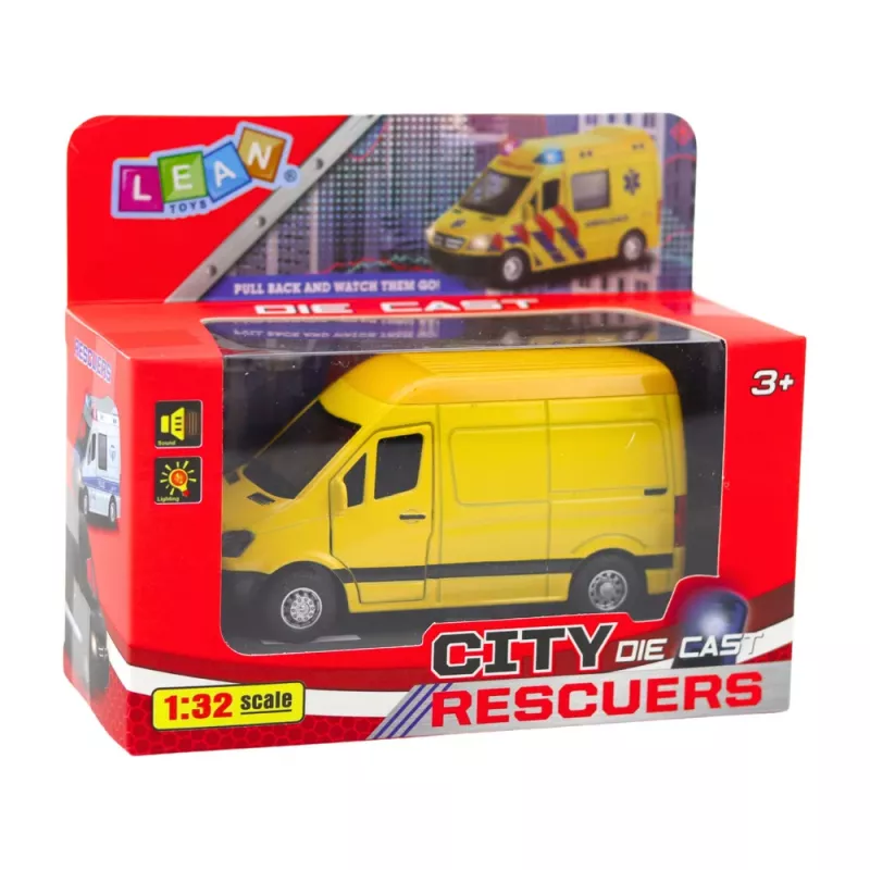 LEAN TOYS Furgoneta de reparto de metal con retroceso, luz y sonido, amarillo, escala 1:32
