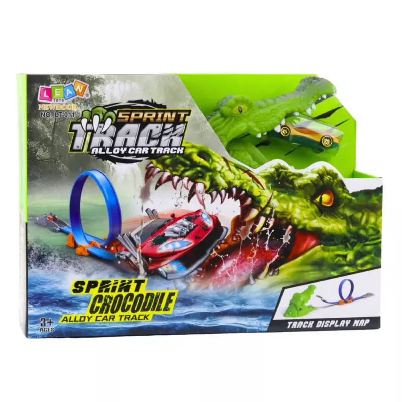 LEAN TOYS Pista de coches lanzador catapulta cocodrilo