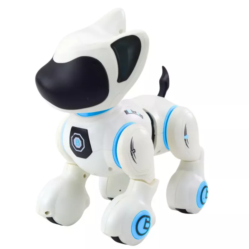 LEAN TOYS Perro robot interactivo con mando a distancia, luz y sonido, blanco azul