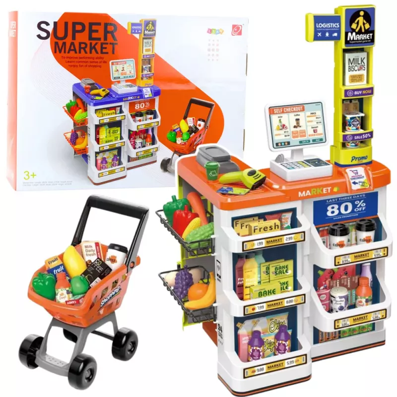 LEAN TOYS Set de tienda caja registradora, carrito de compra, escáner, supermercado, tienda infantil
