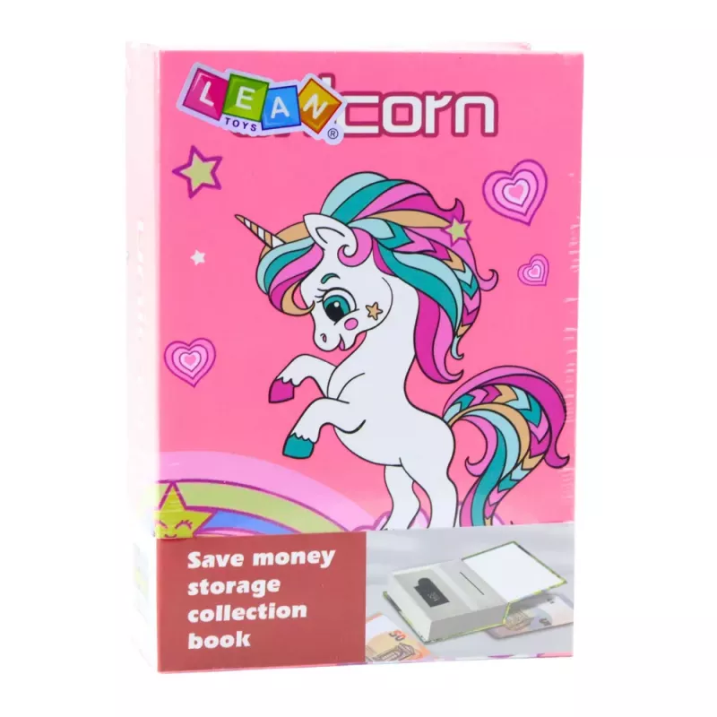 LEAN TOYS Hucha libro oculto con código de seguridad Unicornio Rosa