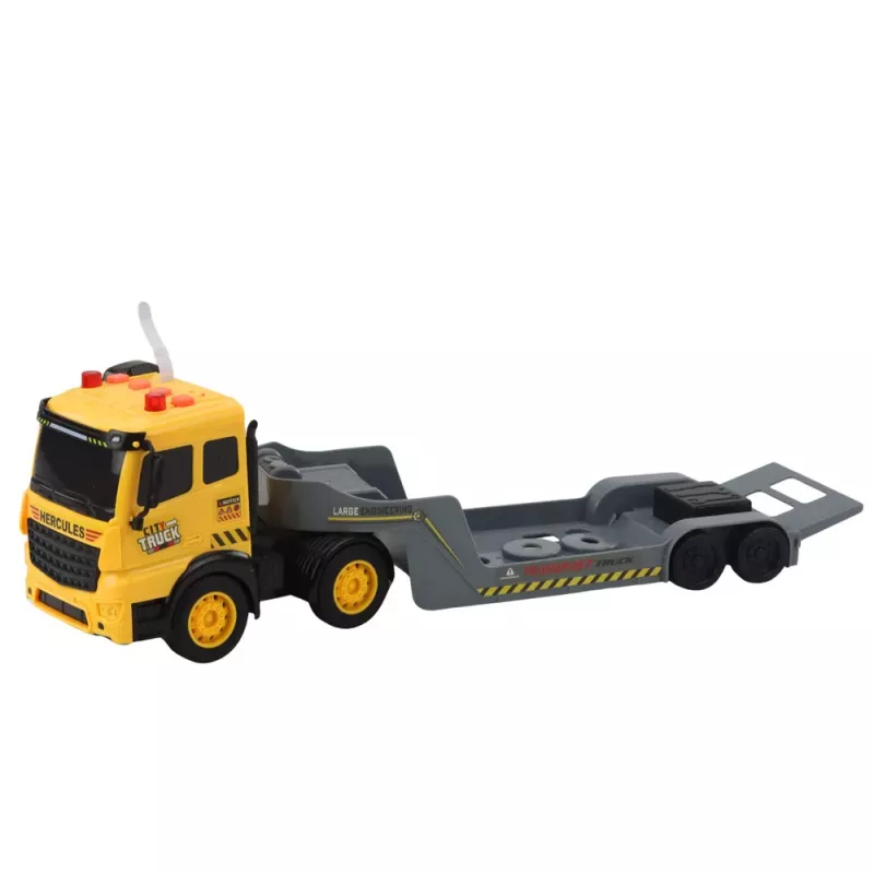 LEAN TOYS Camión grúa con excavadora de orugas, giro 360°, amarillo, 1:16