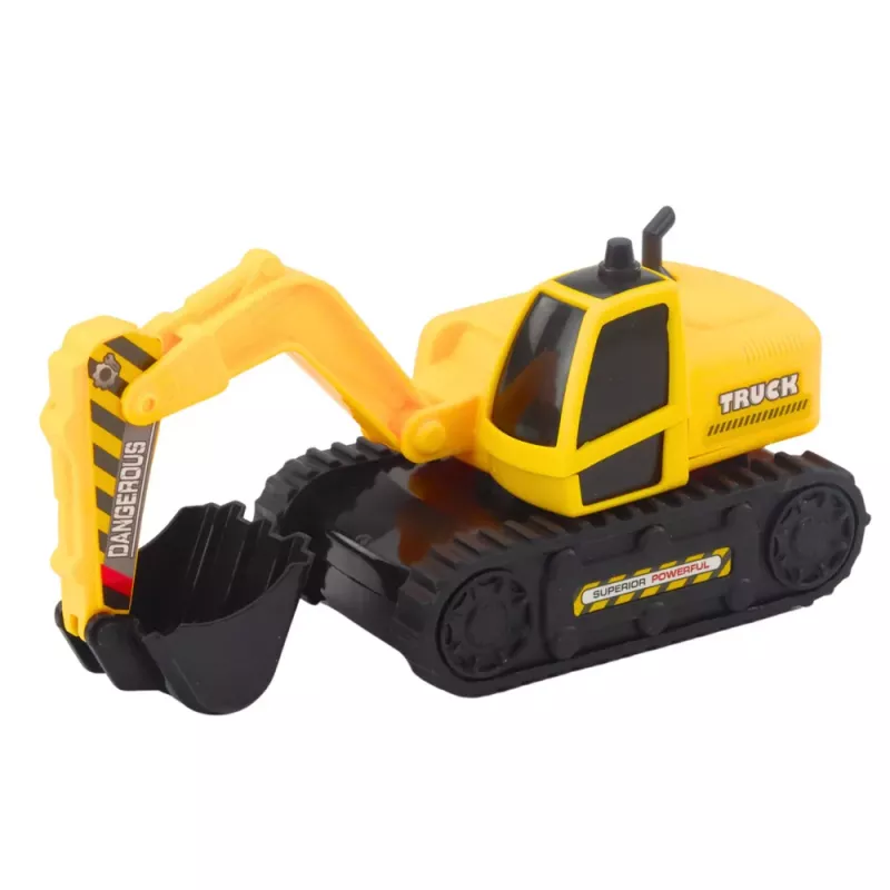 LEAN TOYS Camión grúa con excavadora de orugas, giro 360°, amarillo, 1:16
