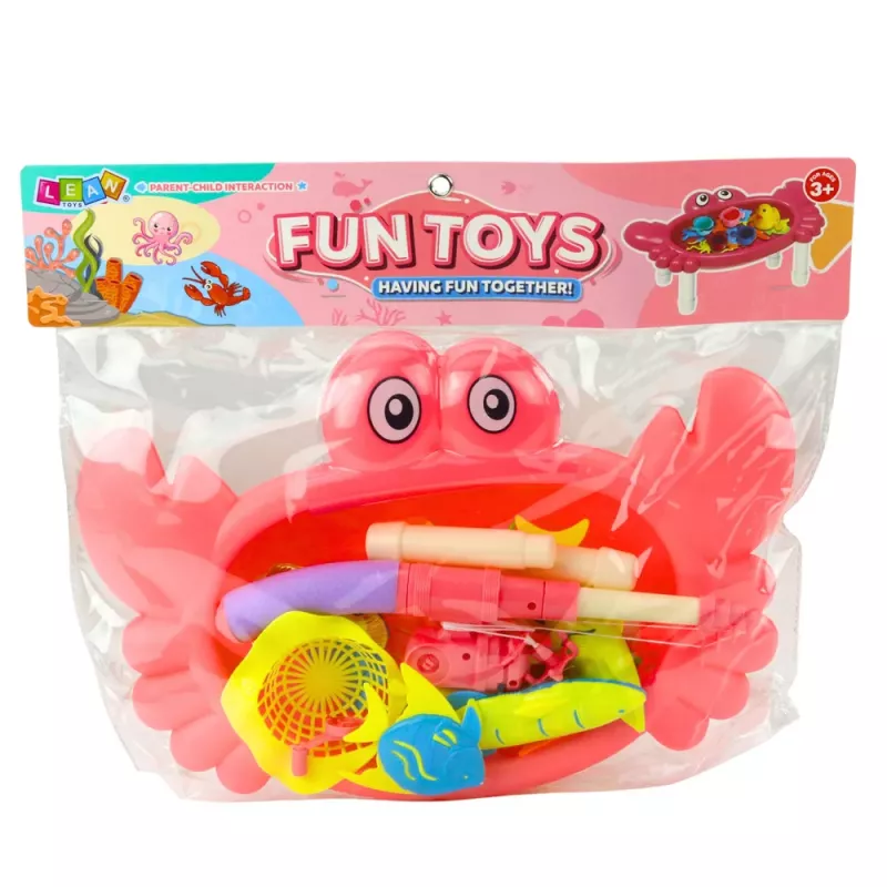 LEAN TOYS Set de pesca: mesa de cangrejos, 10 peces, caña de pescar, colador, rosa