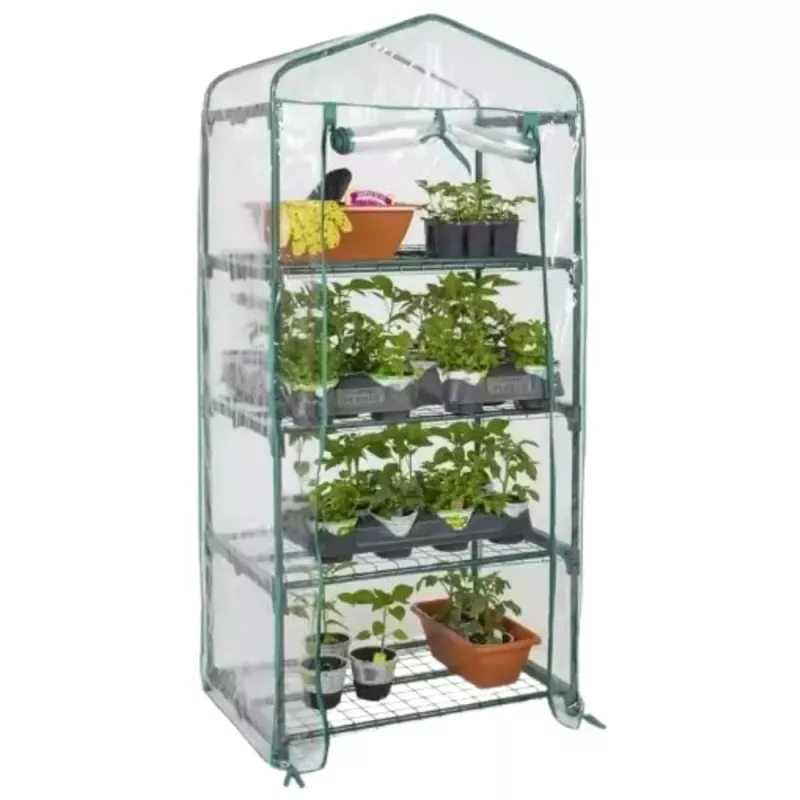 LEAN Mini invernadero balcón jardín 4 estanterías de metal lámina de PVC 69 x 49 x 157 cm