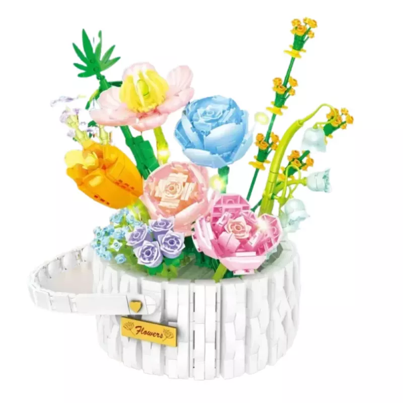 LEAN TOYS Bloques de construcción arreglo floral en cesta con luces LED 1376 piezas