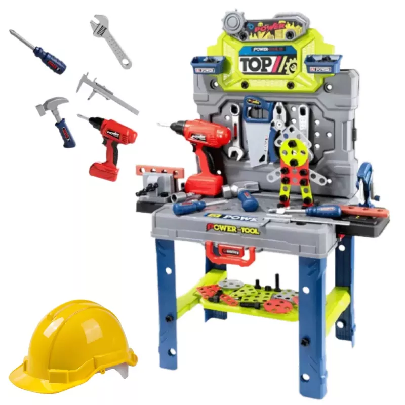 LEAN TOYS Mesa de manitas 2 en 1 maletín set de herramientas destornillador casco 133 uds.