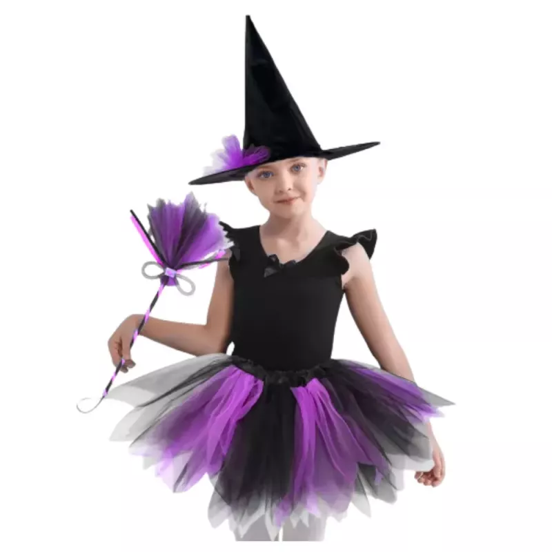 LEAN TOYS Disfraz de bruja con sombrero, falda y escoba, morado y negro