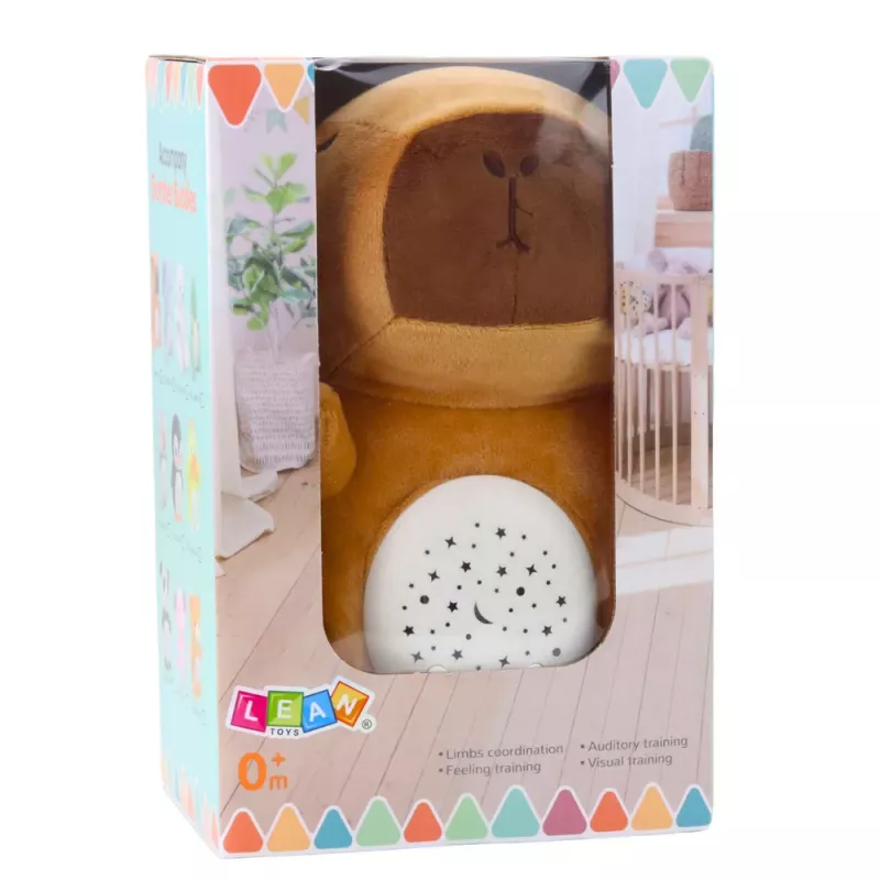 LEAN TOYS peluche capibara con proyector de estrellas y canciones de cuna, marrón