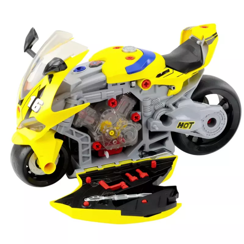 LEAN TOYS Taller DIY 2 en 1 Moto con Luces, Sonidos y Humo Amarillo 43cm