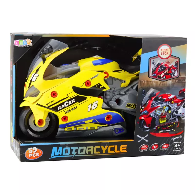 LEAN TOYS Taller DIY 2 en 1 Moto con Luces, Sonidos y Humo Amarillo 43cm
