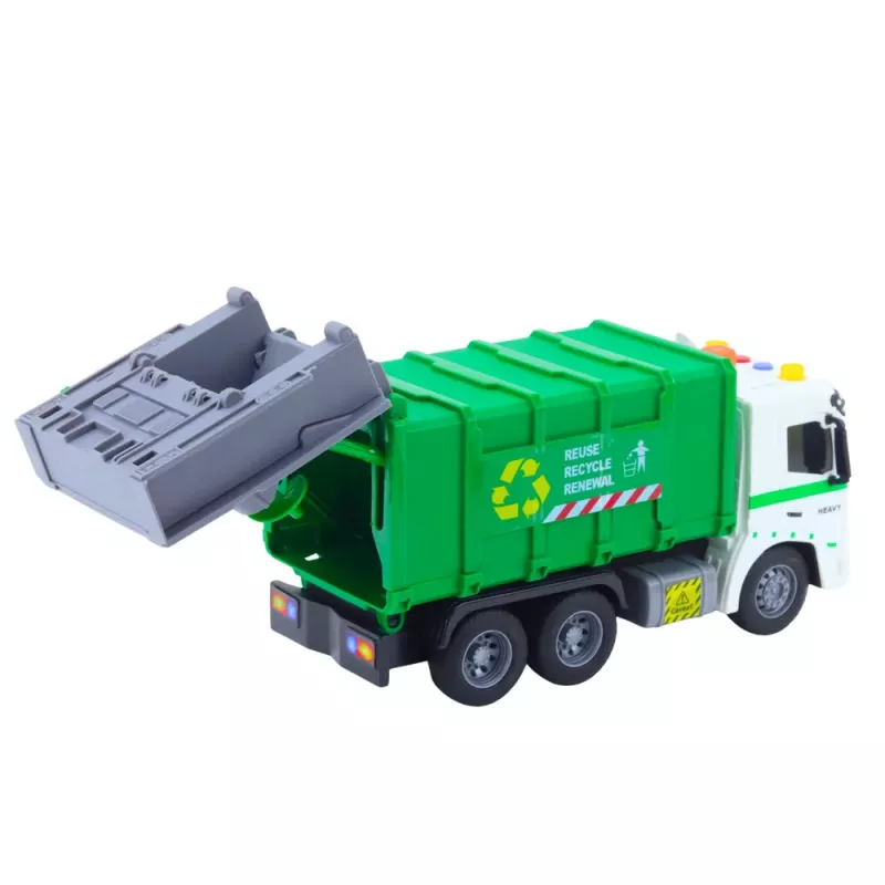 LEAN TOYS Camión de basura con contenedor, luz y sonido, verde, escala 1:16