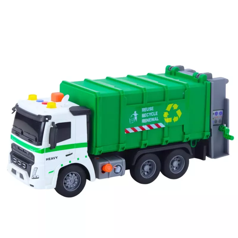 LEAN TOYS Camión de basura con contenedor, luz y sonido, verde, escala 1:16