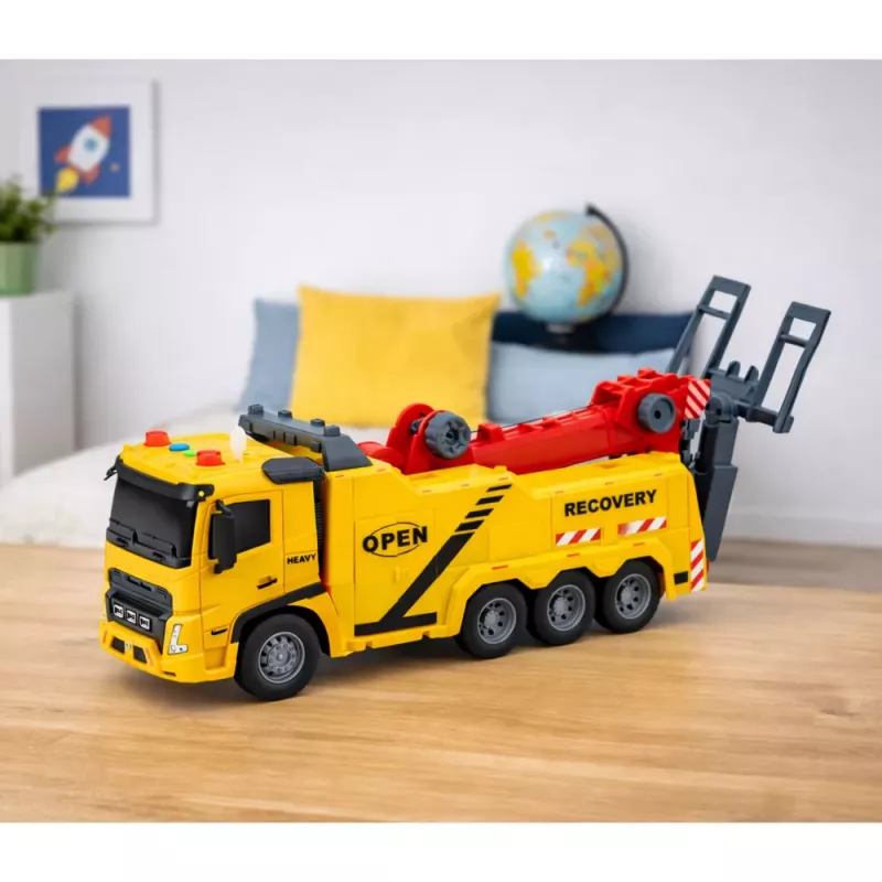LEAN TOYS Grúa de rescate con gancho y plataforma, luces y sonidos 1:16