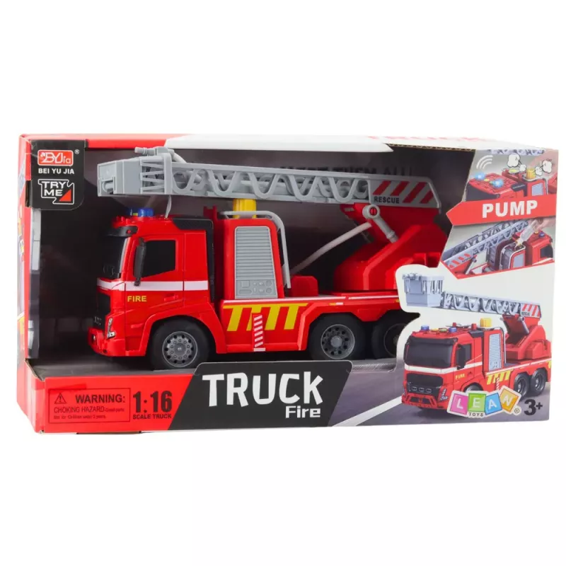 LEAN TOYS Camión de bomberos con escalera, luces, sonidos y chorro de agua 1:16