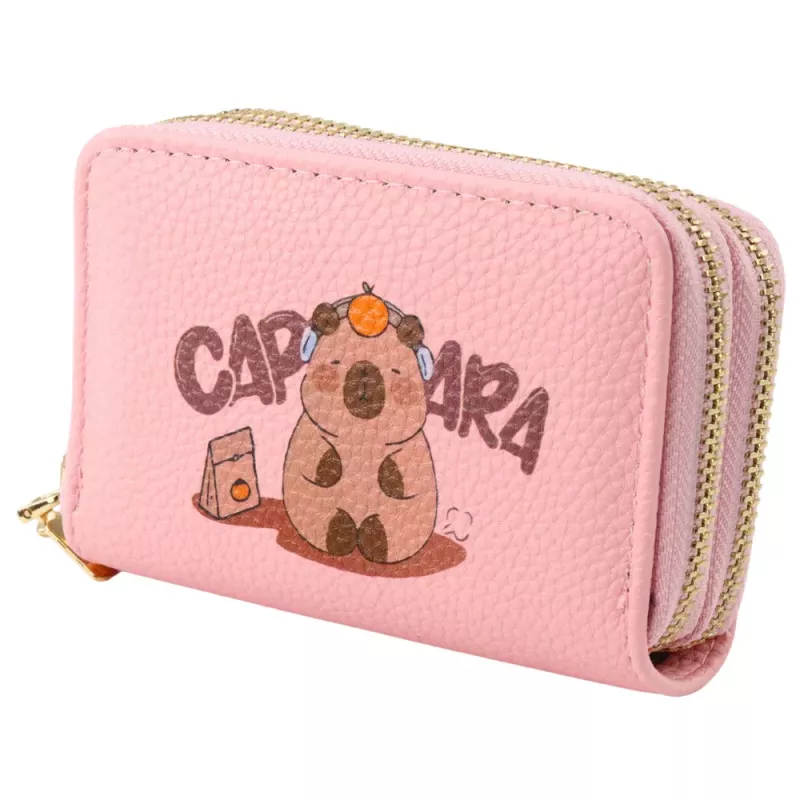 LEAN Monedero de dos compartimentos con ranuras para tarjetas capibara rosa 12.5 x 8.5 cm