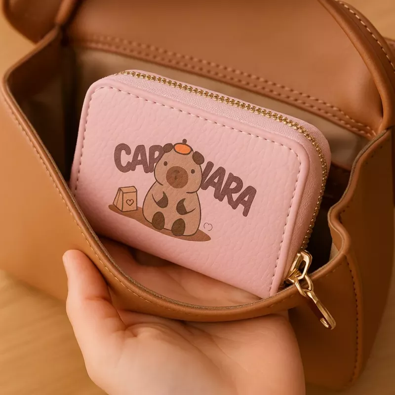 LEAN Monedero de dos compartimentos con ranuras para tarjetas capibara rosa 12.5 x 8.5 cm