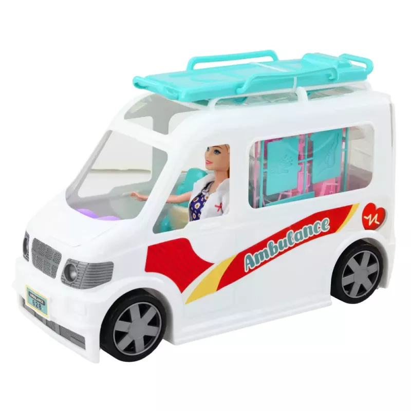 LEAN TOYS Hospital móvil ambulancia con camilla 2 en 1 muñeca doctora con accesorios