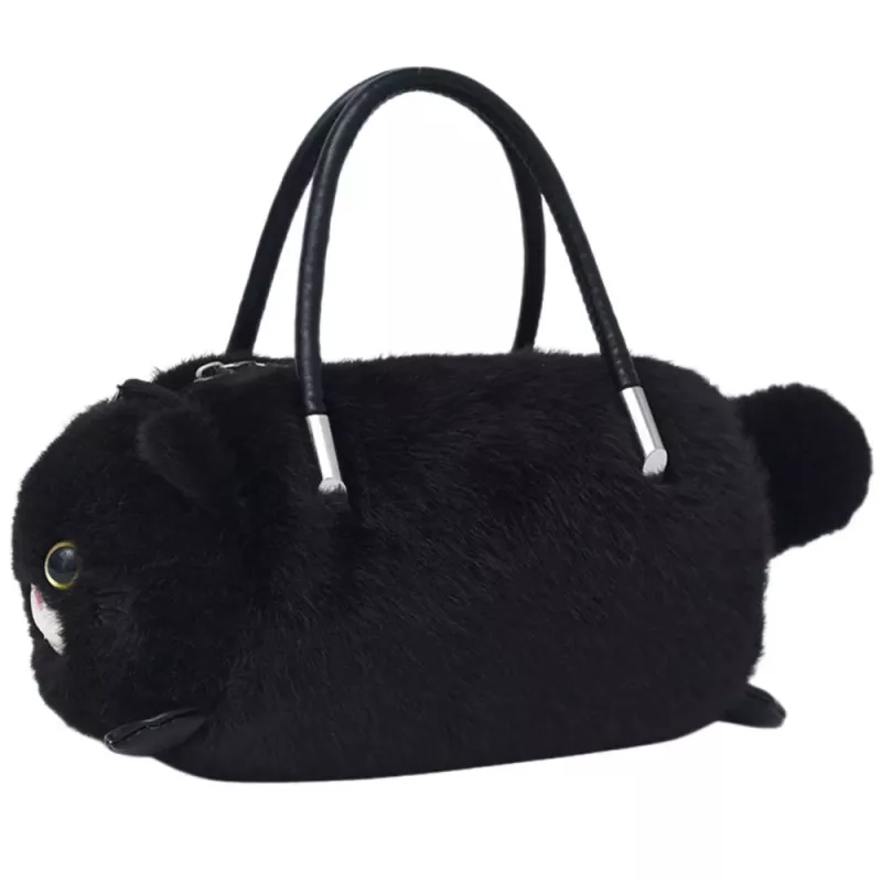 LEAN TOYS Bolso de peluche con forma de gato y asas de cadena, negro