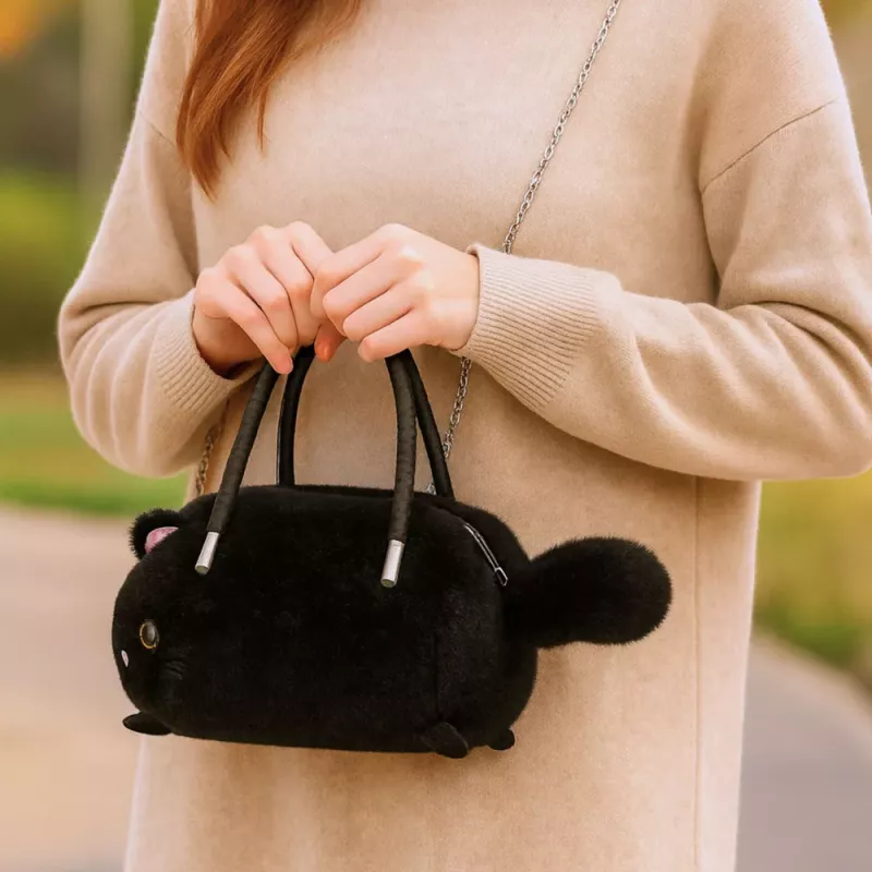 LEAN TOYS Bolso de peluche con forma de gato y asas de cadena, negro