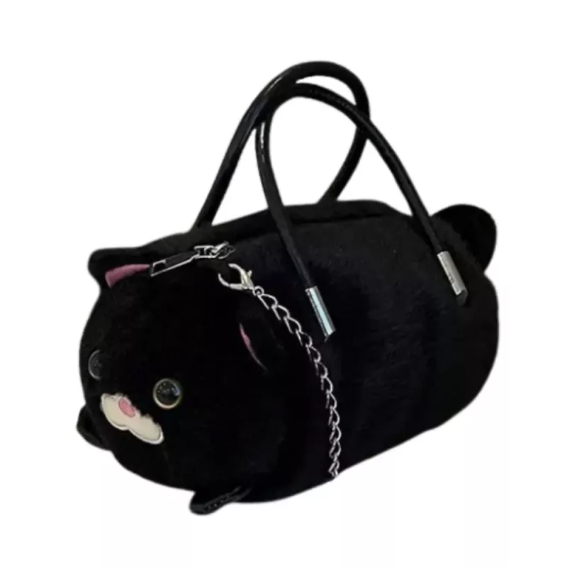 LEAN TOYS Bolso de peluche con forma de gato y asas de cadena, negro