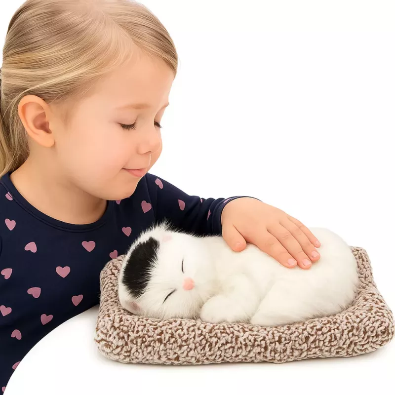 LEAN TOYS Figura de gato blanco dormido sobre cojín con bolsa de pelo y sonidos