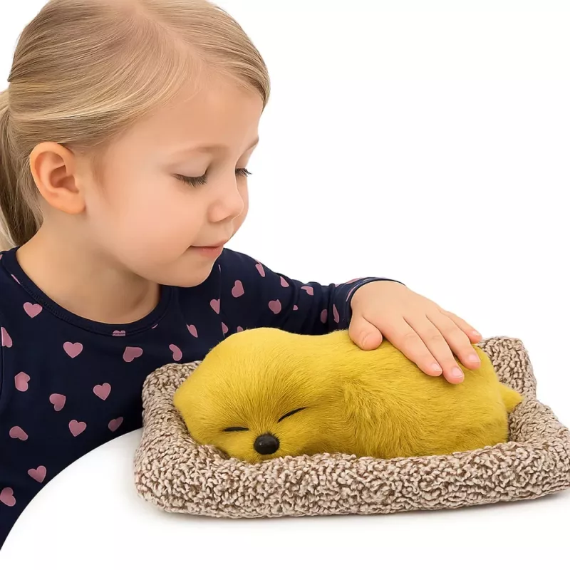 LEAN TOYS Figura de cachorro de labrador durmiendo sobre almohada con peluche y bolsa transparente