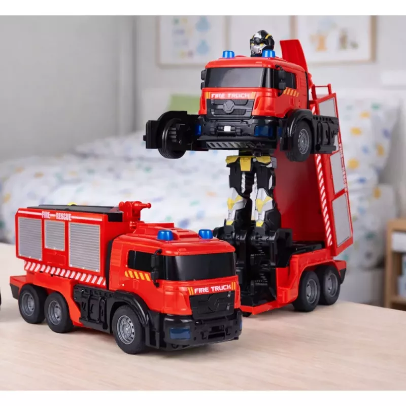 LEAN TOYS Coche robot de bomberos 2 en 1 teledirigido RC con luces, sonidos y agua