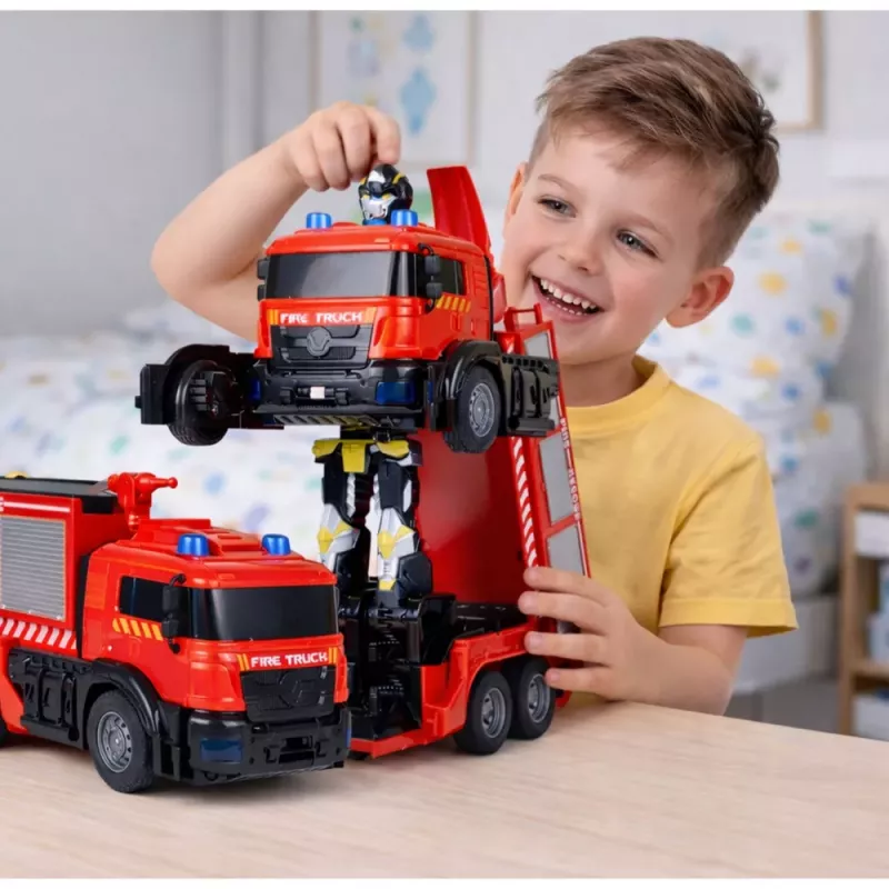 LEAN TOYS Coche robot de bomberos 2 en 1 teledirigido RC con luces, sonidos y agua