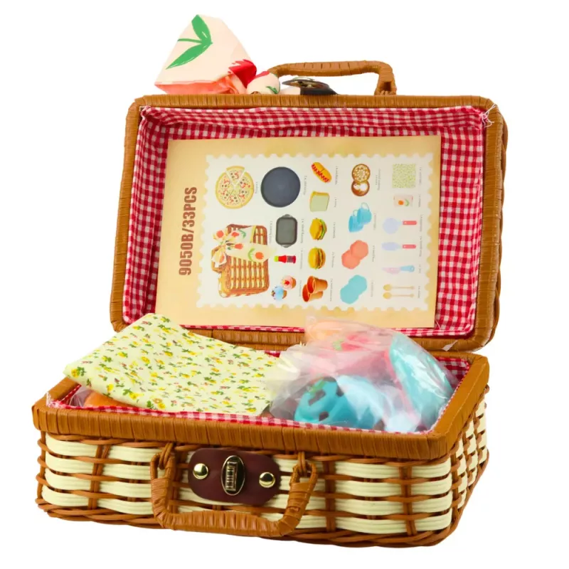 LEAN TOYS Set de cesta de picnic con accesorios de comida trenzados 33 piezas