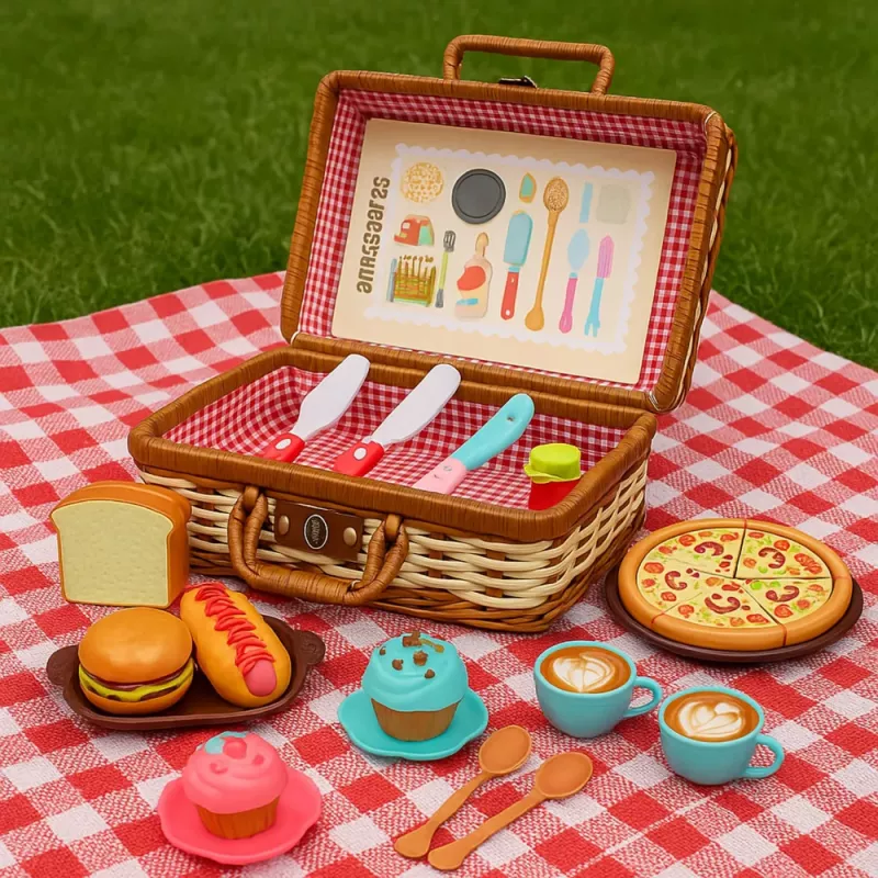 LEAN TOYS Set de cesta de picnic con accesorios de comida trenzados 33 piezas