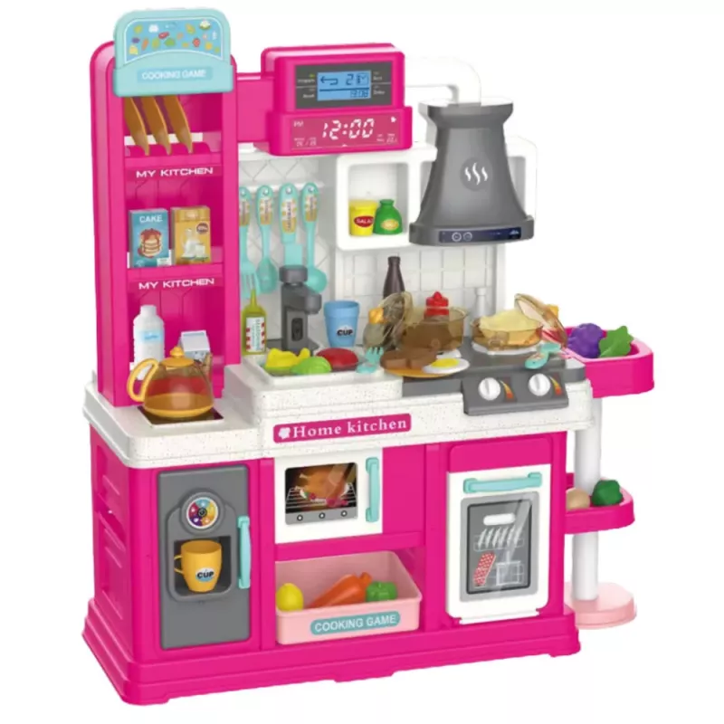 LEAN TOYS Cocina infantil con ciclo de agua y comida que cambia de color con vapor rosa 64 piezas