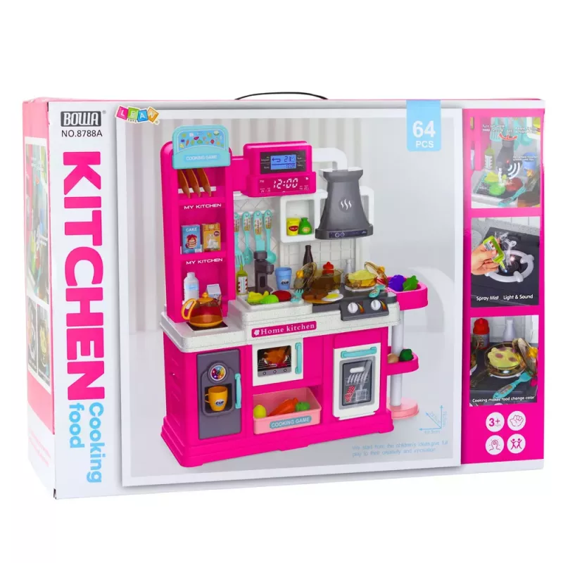 LEAN TOYS Cocina infantil con ciclo de agua y comida que cambia de color con vapor rosa 64 piezas