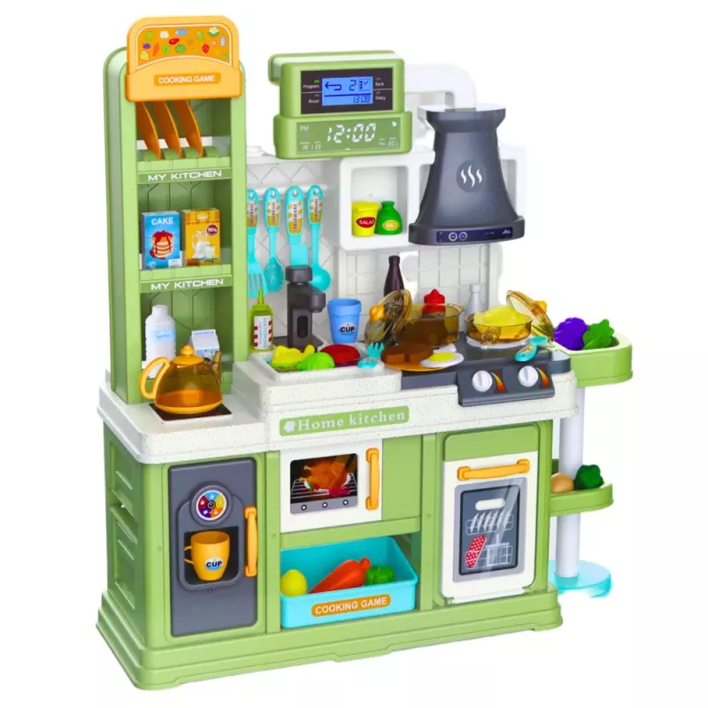 LEAN TOYS Cocina infantil con ciclo de agua y comida que cambia de color con vapor verde 64 piezas