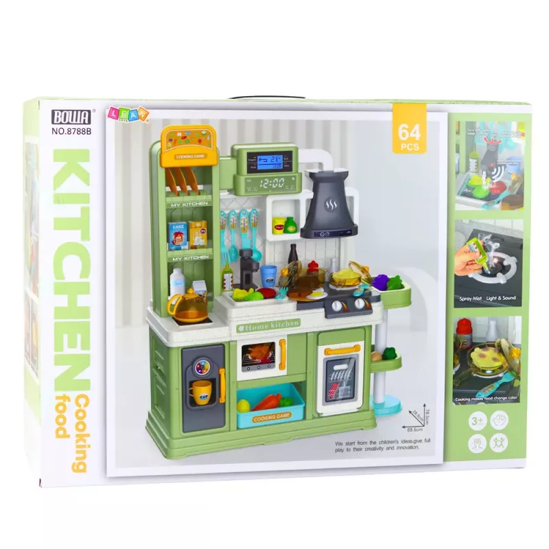 LEAN TOYS Cocina infantil con ciclo de agua y comida que cambia de color con vapor verde 64 piezas