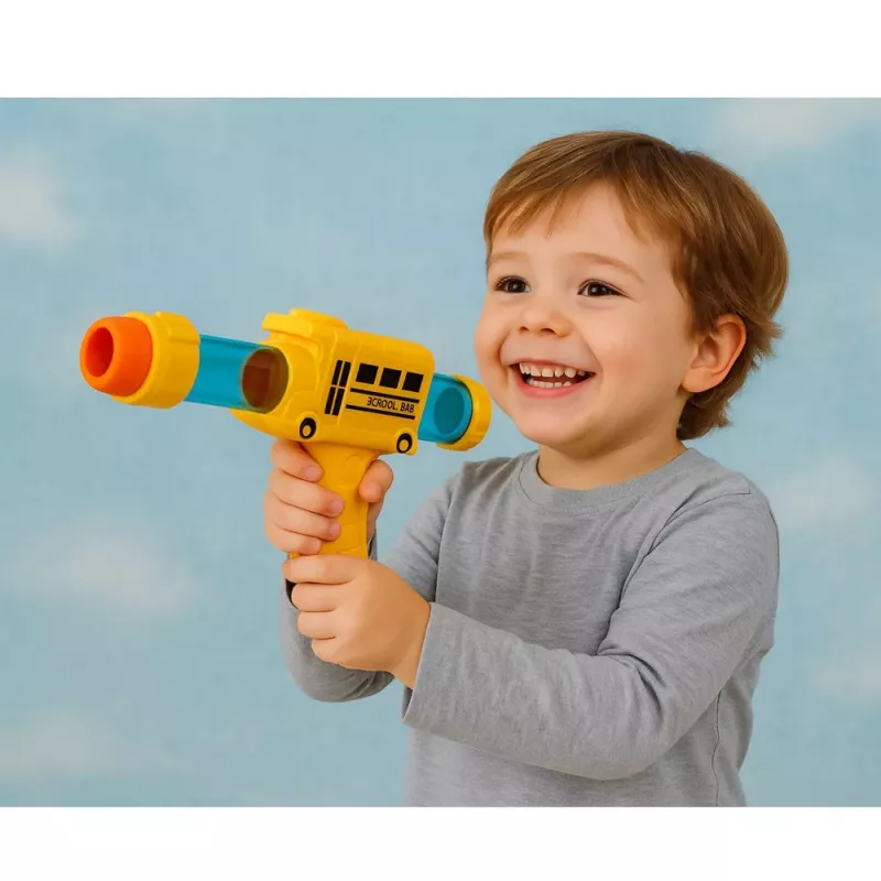 LEAN TOYS Pistola de balas de espuma blanda autobús escolar amarilla 6 uds.