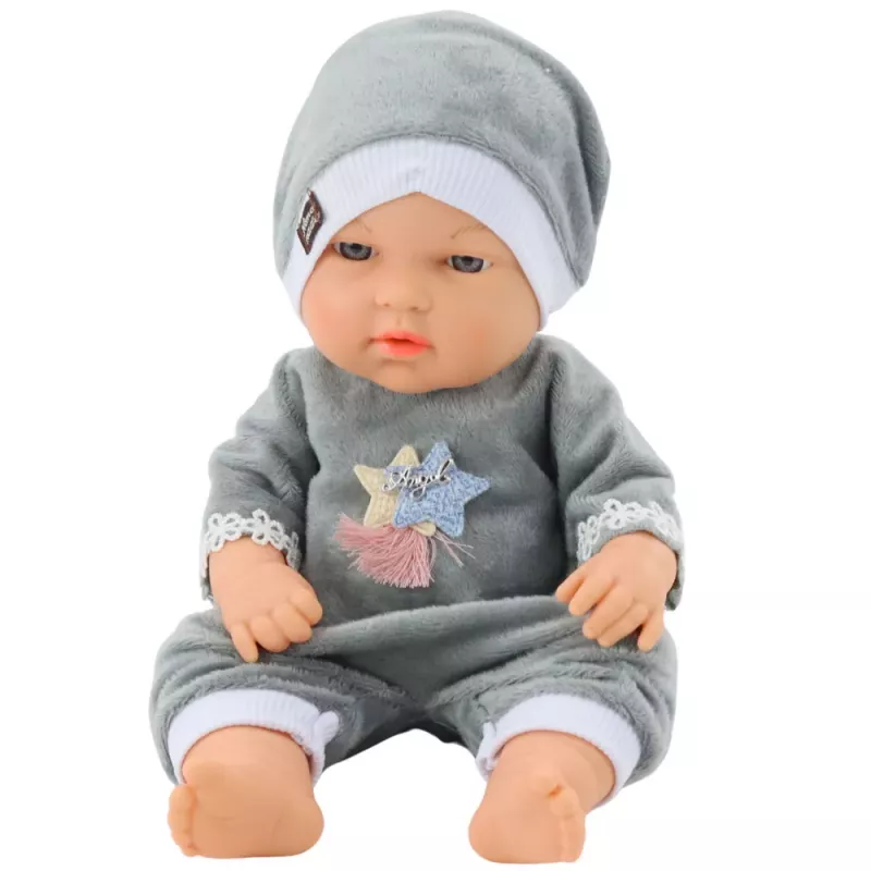 LEAN TOYS Muñeca bebé con pijama gris, gorro, brazos y piernas articulados, 30 cm