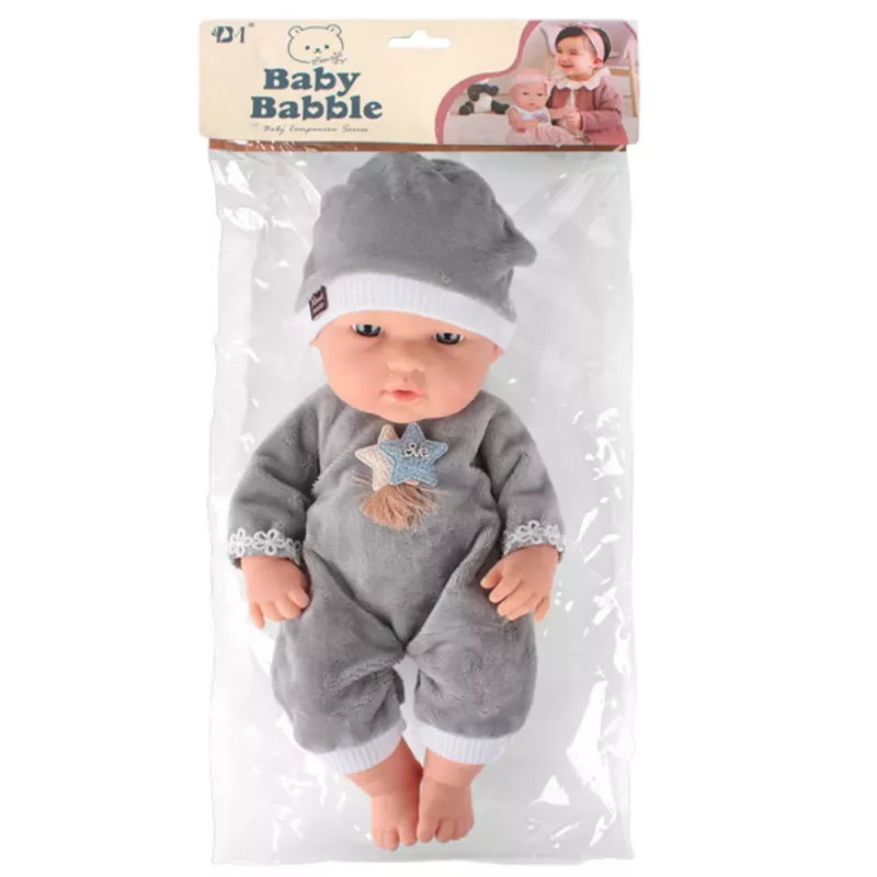 LEAN TOYS Muñeca bebé con pijama gris, gorro, brazos y piernas articulados, 30 cm