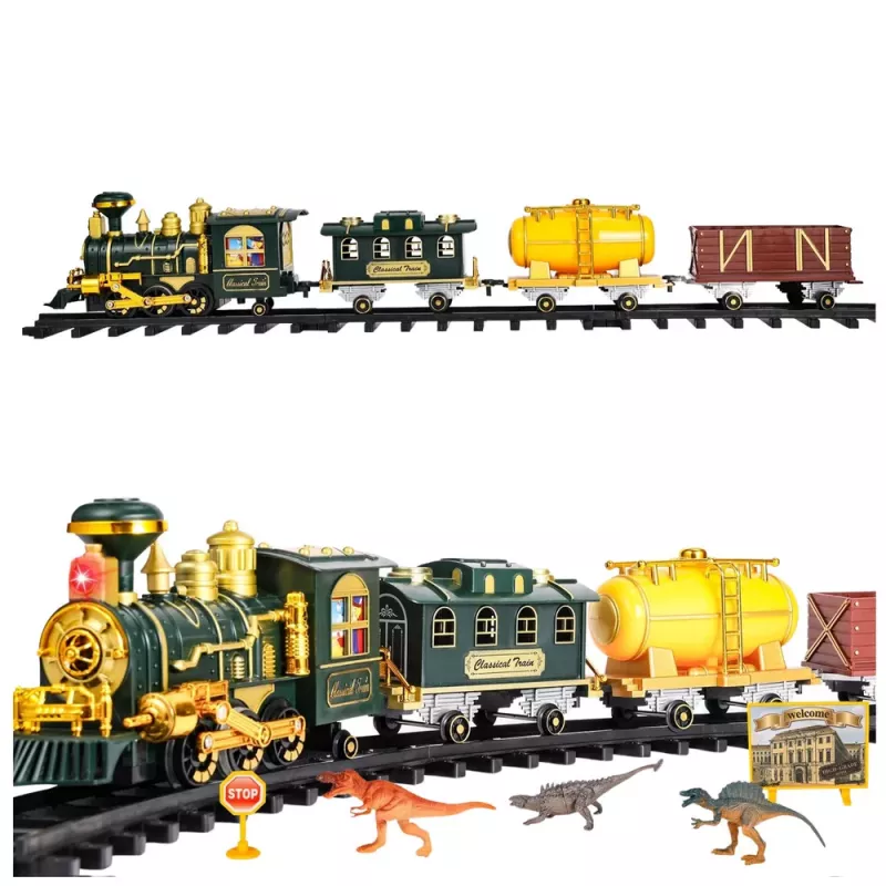 LEAN TOYS Tren clásico con dinosaurios, luces, sonidos y humo 39 uds.