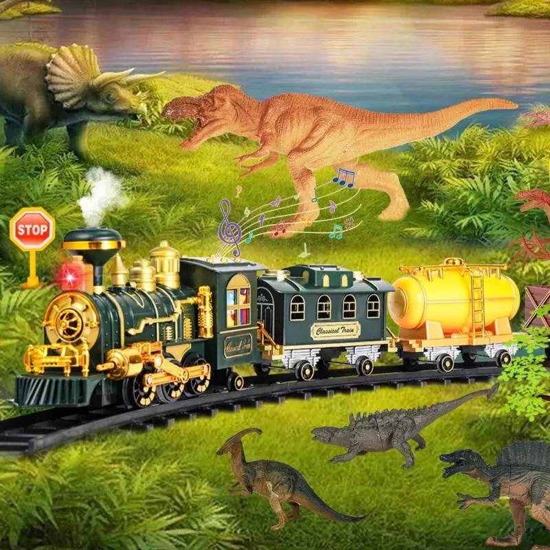 LEAN TOYS Tren clásico con dinosaurios, luces, sonidos y humo 39 uds.