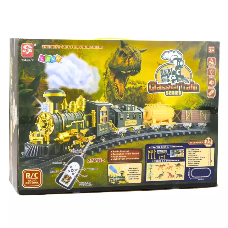 LEAN TOYS Tren clásico con dinosaurios, luces, sonidos y humo 39 uds.