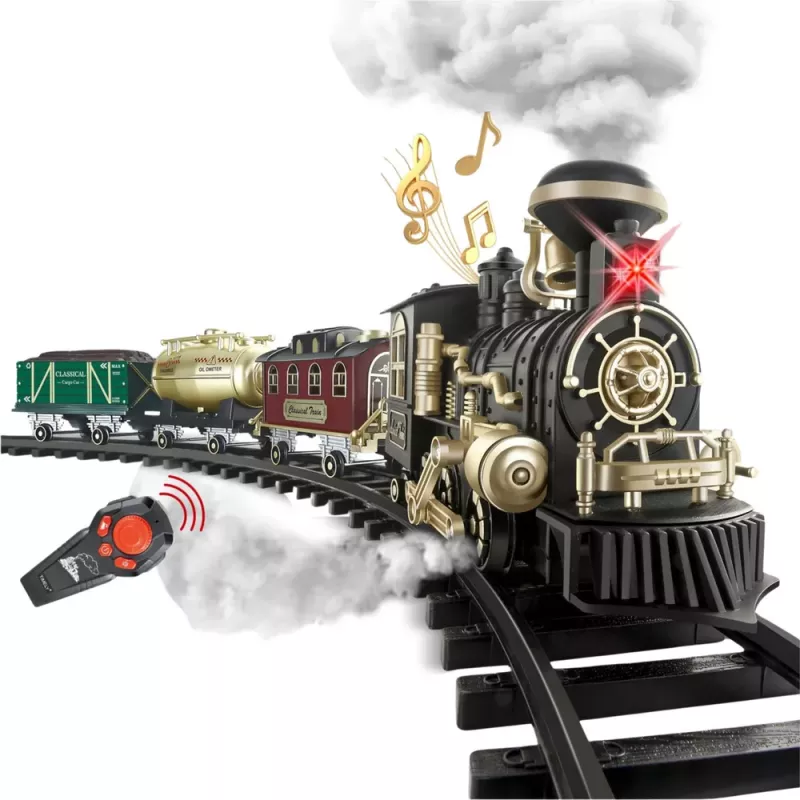 LEAN TOYS Tren eléctrico Classic RC con luz, sonido y humo, vía de 206 cm, 24 piezas