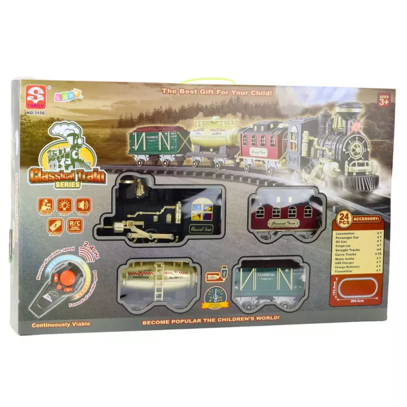 LEAN TOYS Tren eléctrico Classic RC con luz, sonido y humo, vía de 206 cm, 24 piezas