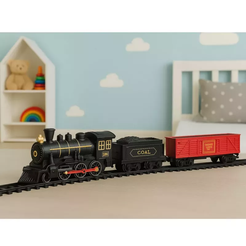 LEAN TOYS Set de tren eléctrico con locomotora, vagones y vías, luces y sonidos