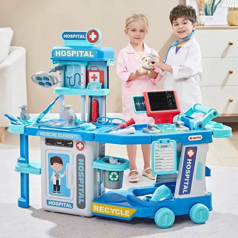 LEAN TOYS Set de médico y hospital en maletín 2 en 1 con luz y sonido, accesorios