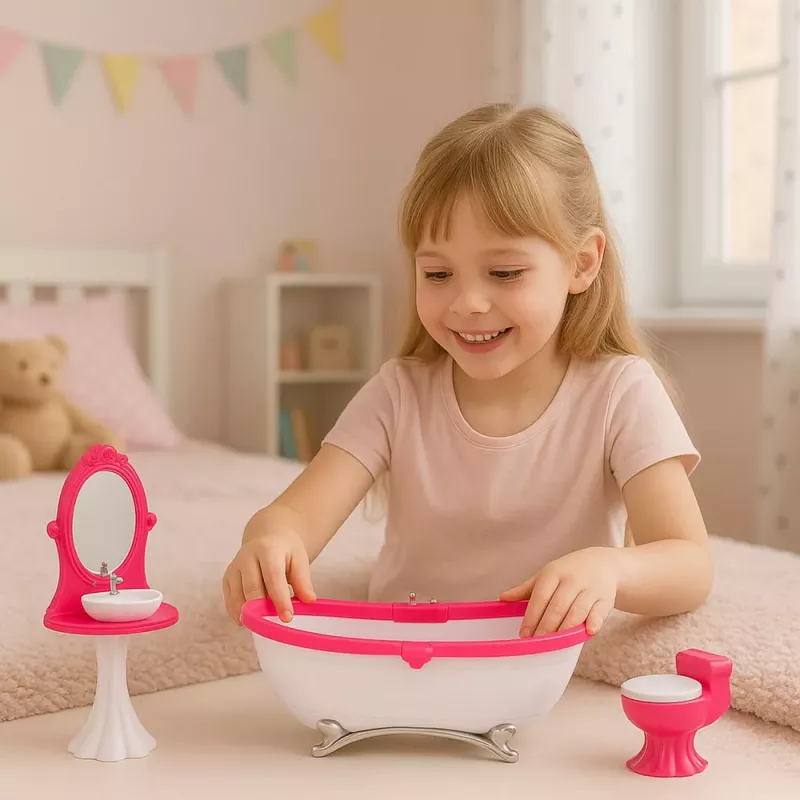 LEAN TOYS Set de baño para muñecas: bañera, inodoro, lavabo con espejo