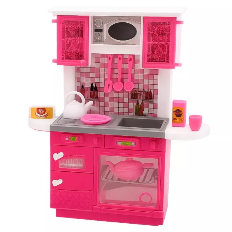 LEAN TOYS Set de cocina para muñecas con frigorífico, cocina y accesorios, rosa